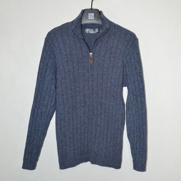 Oscar De La Renta Quarter Zip Knit Sweater Ribbed Cotton Blue Size Large - Picture 1 of 6